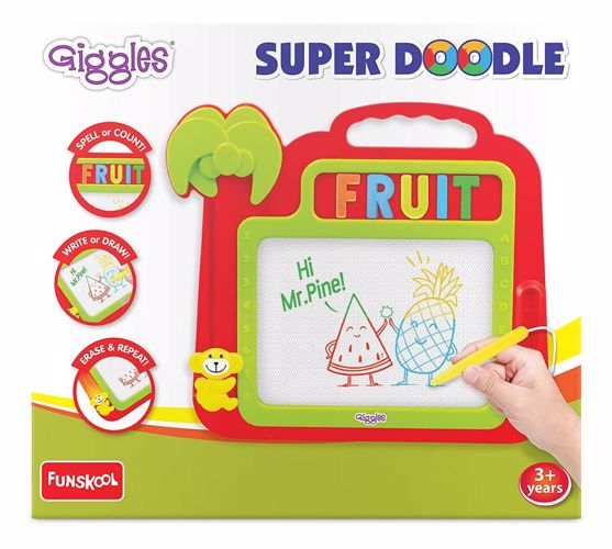 Full size cover page of the book 'Funskool Giggles Super Doodle- kids educational magnetic draw and erase board age 3+ 9923500'