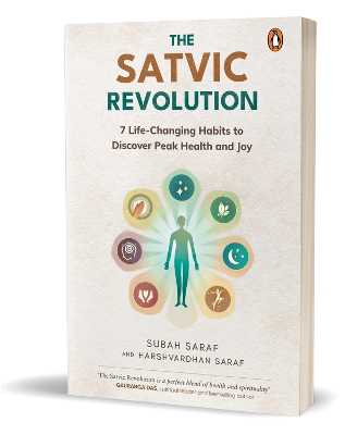 Full size cover page of the book 'THE SATVIC REVOLUTION: SEVEN TRANSFORMATIVE HABITS TO LIVE A LIFE OF PEAK HEALTH AND JOY'